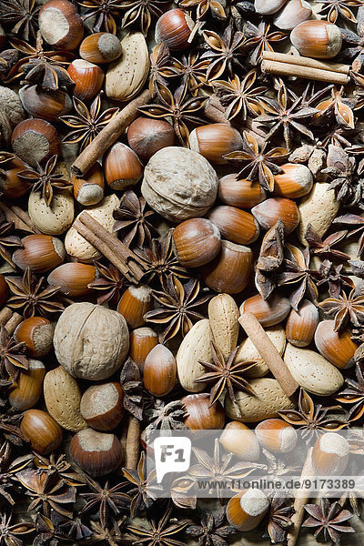 Star anise walnuts hazelnuts almonds and cinnamon sticks partial view