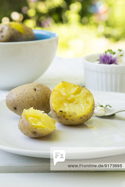 Dish of jacket potatoes and curd with herbs