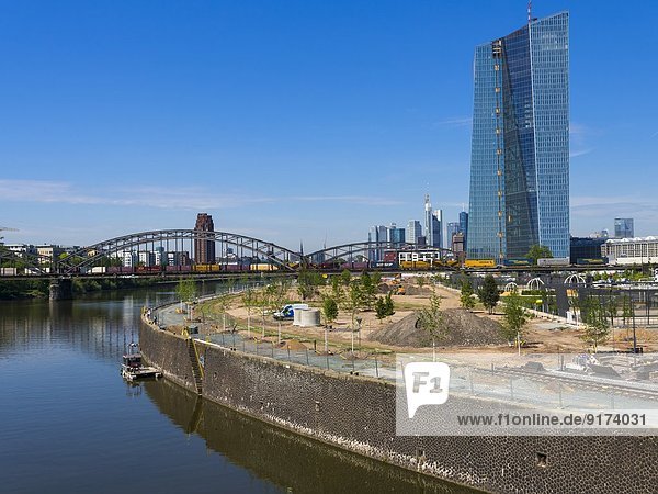 Germany  Hesse  Frankfurt  Deutschherrn Bridge  European Central Bank Headquarters  Financial district in the background