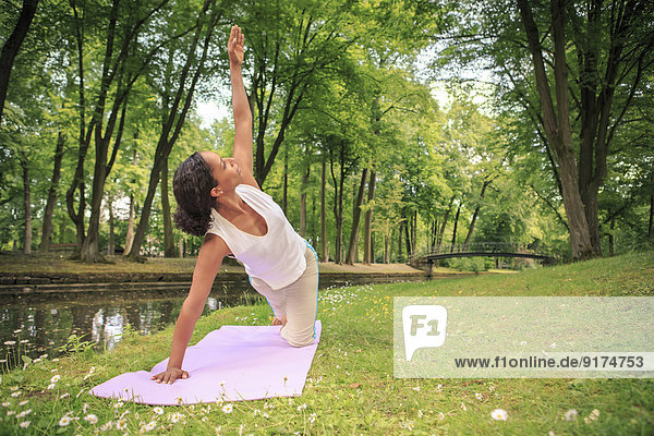 Deutschland  Frau beim Yoga im Park  Triangle Pose