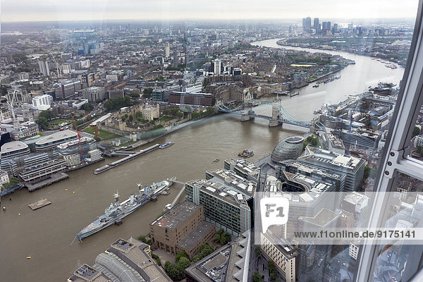 Great Britain  Endland  London  Southwark  View from The Shard to Tower Bridge and War ship HMS Belfast