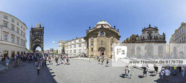 Czech Republic  Prague  Knights of the Cross Square with Old Town bridge tower  Church of St Francis  Church of St Saviour