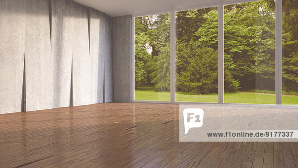 Leerer Raum mit Betonwand und Holzfußboden  3D-Rendering