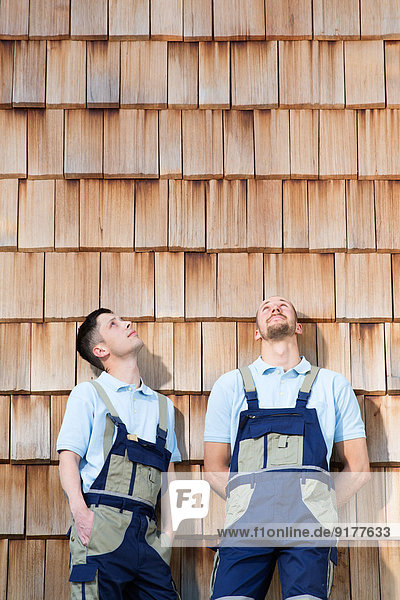 Zwei Handwerker an der Holzwand schauen nach oben