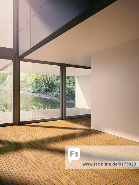 Interieur des modernen Wohnzimmers mit Blick auf den Bach  3D-Rendering