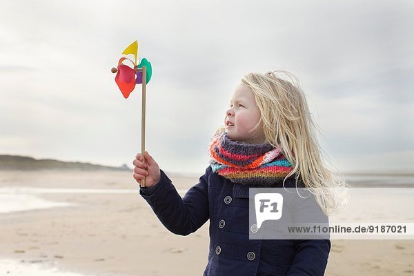 Porträt eines dreijährigen Mädchens mit Papierwindmühle am Strand  Bloemendaal aan Zee  Niederlande
