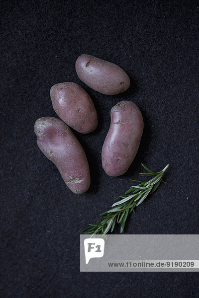 Nahaufnahme von violetten Kartoffeln und Rosmarin
