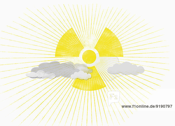 Ein radioaktives Symbol statt einer Sonne zwischen Wolken