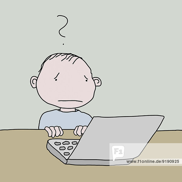 Illustratives Bild des verwirrten Jungen mit Laptop am Tisch