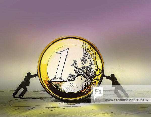 Zwei Geschäftsmänner schieben eine Euromünze in entgegengesetzte Richtungen