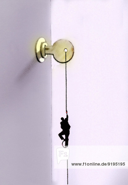 Geschäftsmann klettert an Seil hinauf zu einem Schlüssel im Schlüsselloch