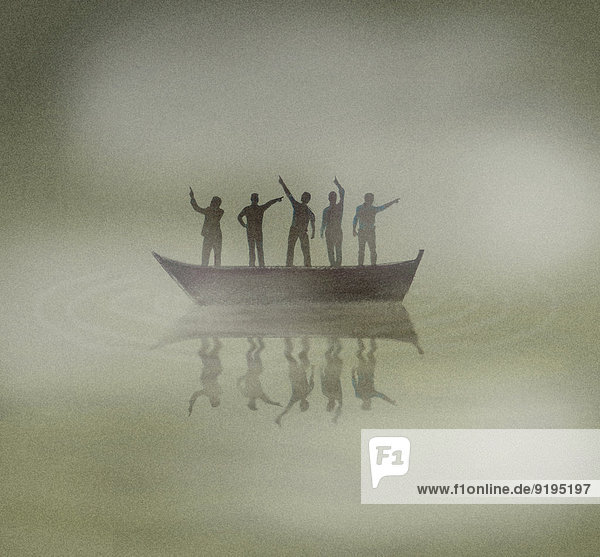 Menschen auf einem Boot verloren im Nebel zeigen in unterschiedliche Richtungen