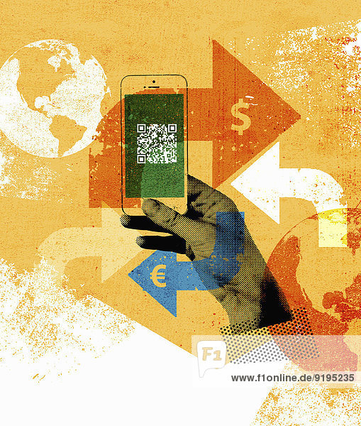 Collage einer Hand die ein Smartphone mit QR-Code der mit den Weltfinanzen verbindet benutzt