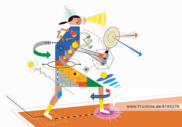 Grafik analysiert die Technik einer Frau während des Tennisspielens