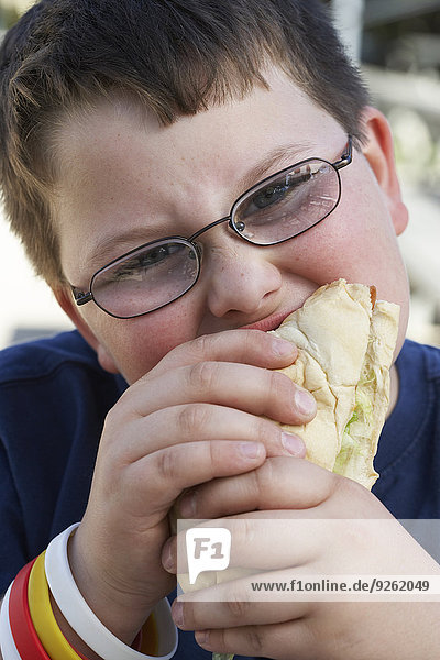 Außenaufnahme Junge - Person Sandwich essen essend isst freie Natur