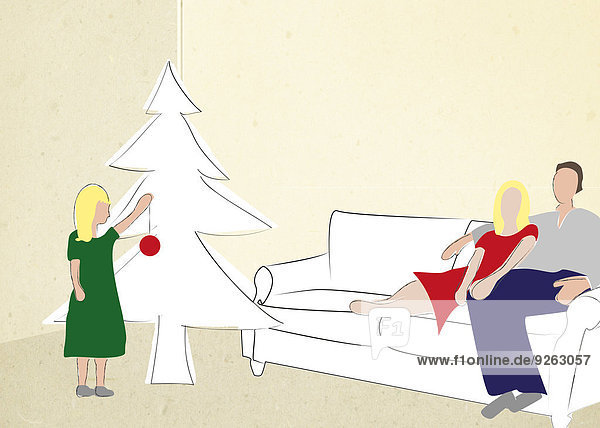 Familie am Weihnachtsbaum  Illustration