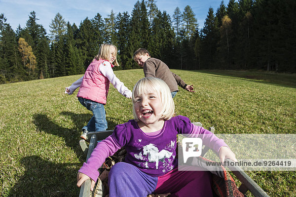 Three children playing on meadow