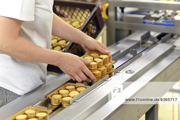 Germany  Saxony-Anhalt  woman taking pack of cookies from production line in a baking factory  partial view