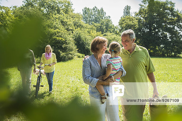 Three generations family walking on a meadow