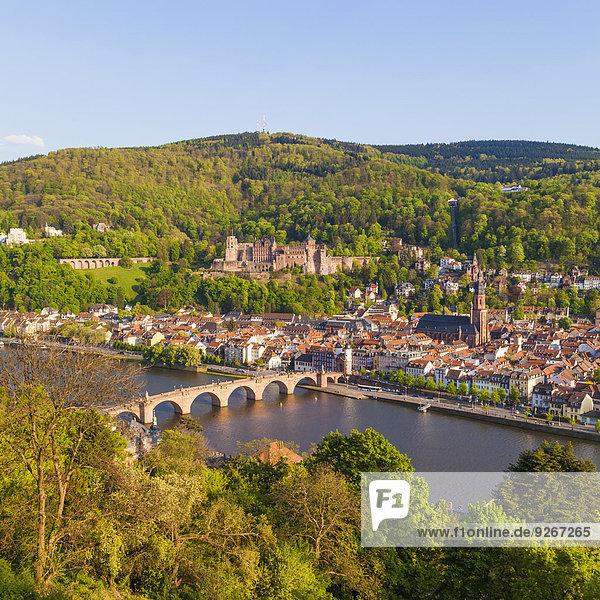 Deutschland Baden-Württemberg Heidelberg Blick auf Altstadt Alte Brücke Heilig-Geist-Kirche und Heidelberger Schloss