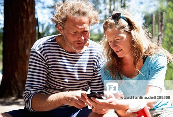 Couple looking down at smartphone in forest