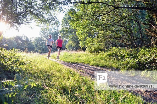 Two young women runners running along forest track in morning