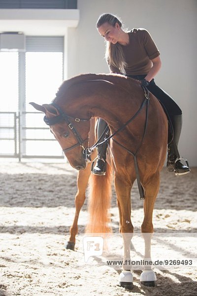 Woman riding chestnut horse in indoor paddock