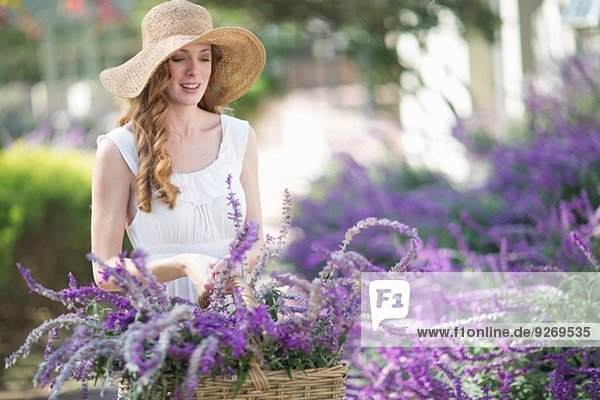 Schöne junge Frau im Garten mit Blick auf lila Blumen