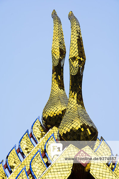 Kunstvoll verzierte Dachfirste im Wat Po  Bangkok  Thailand