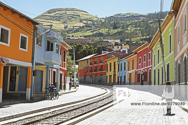 Eloy Alfaro street with tracks  start of the Andean railway Nariz del Diablo  Alausi  Chimborazo Province  Ecuador