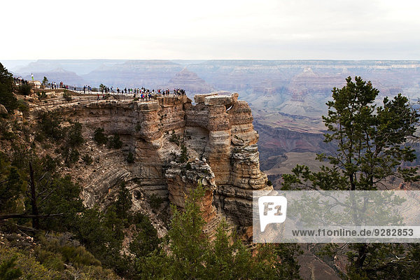 Group of tourists enjoy the view from the South Rim of Grand Canyon  Arizona  USA