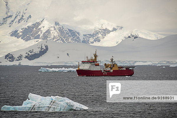 Ein Forschungsschiff für wissenschaftliche Untersuchungen auf dem Wasser vor der Antarktis.