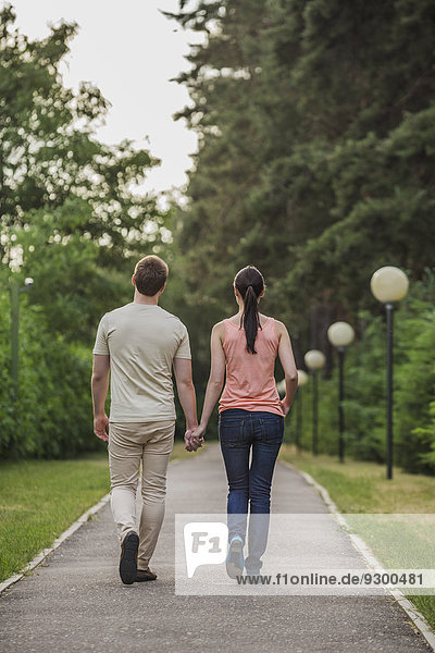 Rückansicht eines jungen Paares  das im Park Hand in Hand geht.