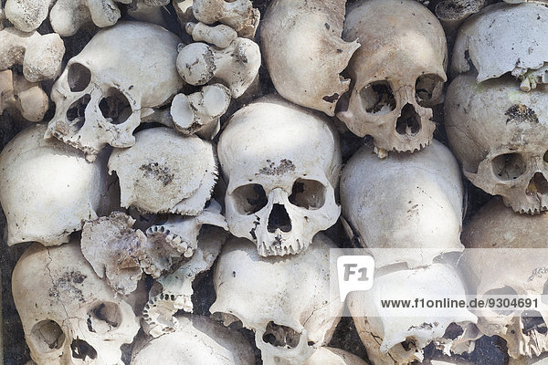 Schädel von Opfern des Regimes der Roten Khmer  Wat Thmei  Siem Reap  Kambodscha