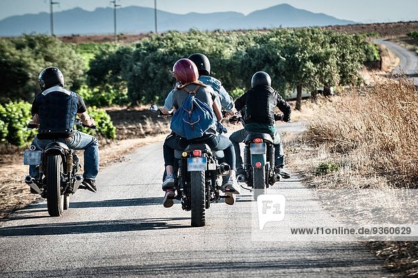 Rear view of four friends motorcycling on rural road  Cagliari  Sardinia  Italy