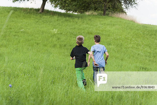 Two boys running on a meadow uphill