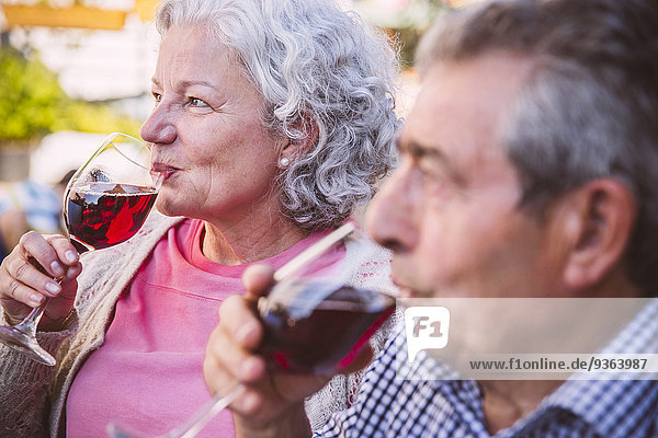 Deutschland  Nordrhein-Westfalen  Bornheim  Seniorenpaar im Hof sitzend  Rotwein trinkend