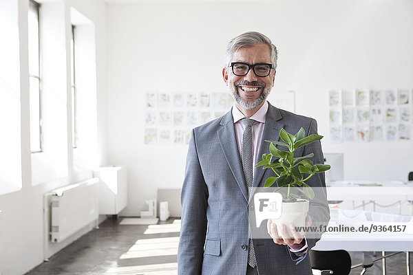 Porträt eines lächelnden Geschäftsmannes mit Blumentopf im Büro