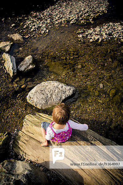 Kleines Mädchen auf Totholz am Flussufer sitzend