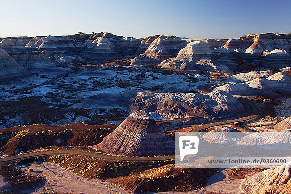 Multicolor rock formations in mountainous remote landscape  Petrified Forest National Park  Arizona  United States