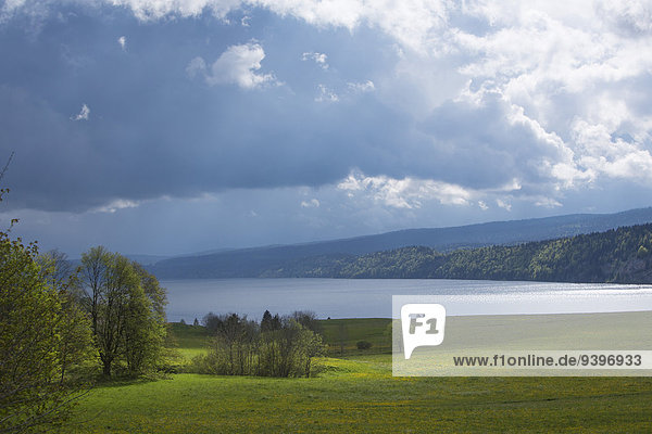 Lac de Joux canton VD Vaud Western Switerland Romandie wood forest lake lakes weather clouds cloud Parc vaudoise Jura Switzerland Europe
