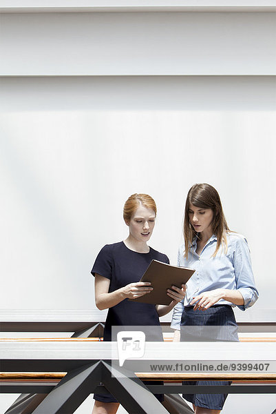 Businesswoman discussing file with colleague
