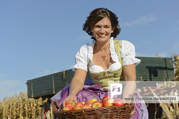 Frau lächeln Korb reifer Erwachsene reife Erwachsene Feld Apfel voll
