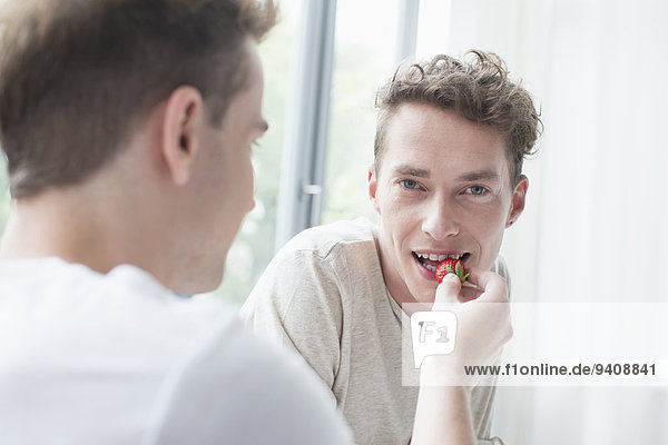 Mann lächeln Erdbeere jung füttern