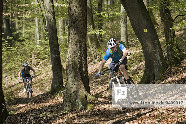 Young men mountainbiking in forest