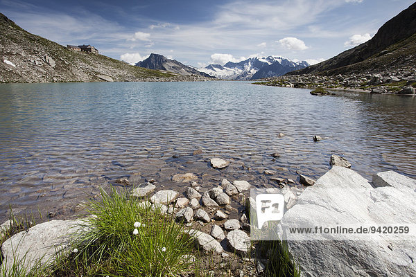 Friesenbergsee lake with views of the Zillertal Alps  Ginzling  Tyrol  Austria