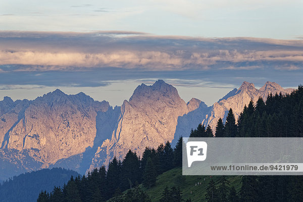 Ausblick vom Sudelfeld im Mangfallgebirge zum Wilden Kaiser in Österreich  Oberbayern  Bayern  Deutschland