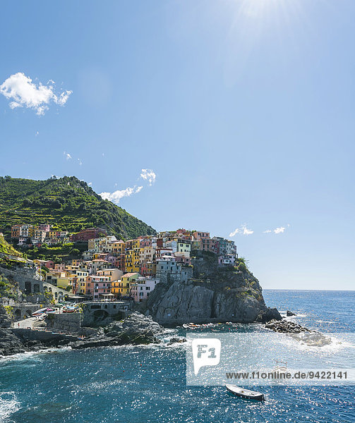 Bunte Häuser an Steilküste  Manarola  Riomaggiore  Cinque Terre  La Spezia  Ligurien  Italien