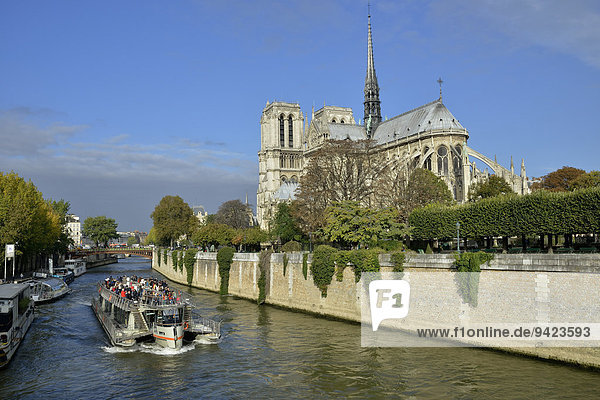 Ausflugsboot auf der Seine vor der Kathedrale Notre Dame  Paris  Frankreich