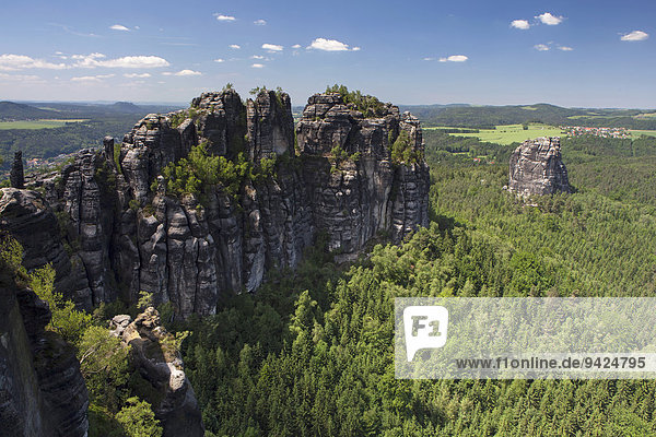 Blick vom Schrammsteinblick auf die Schrammsteine und Falkenstein  Elbsandsteingebirge  Sachsen  Deutschland  Europa